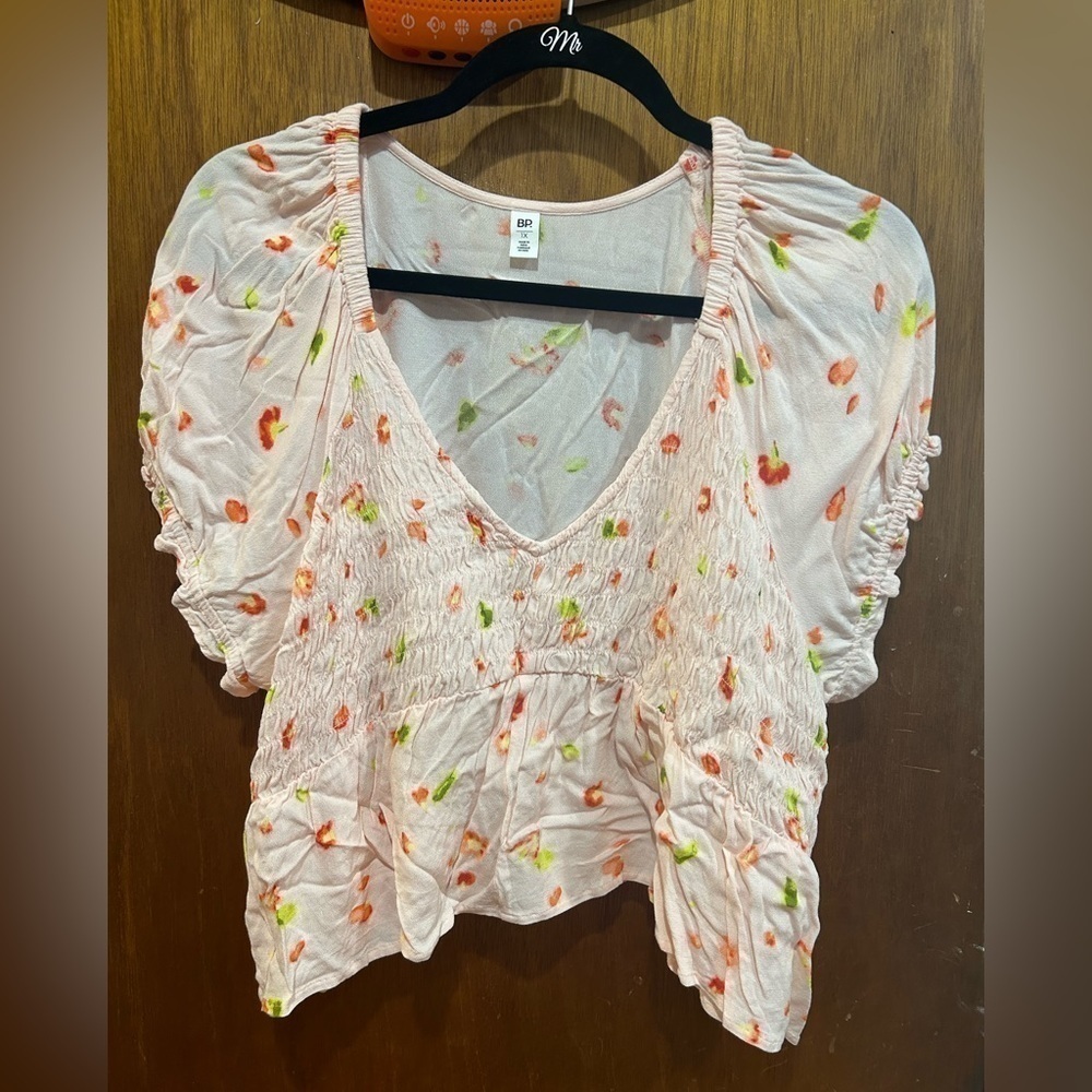 Bp Babydoll Shirred Pink Floral Smocked Short Sleeve Peplum Crop Top
